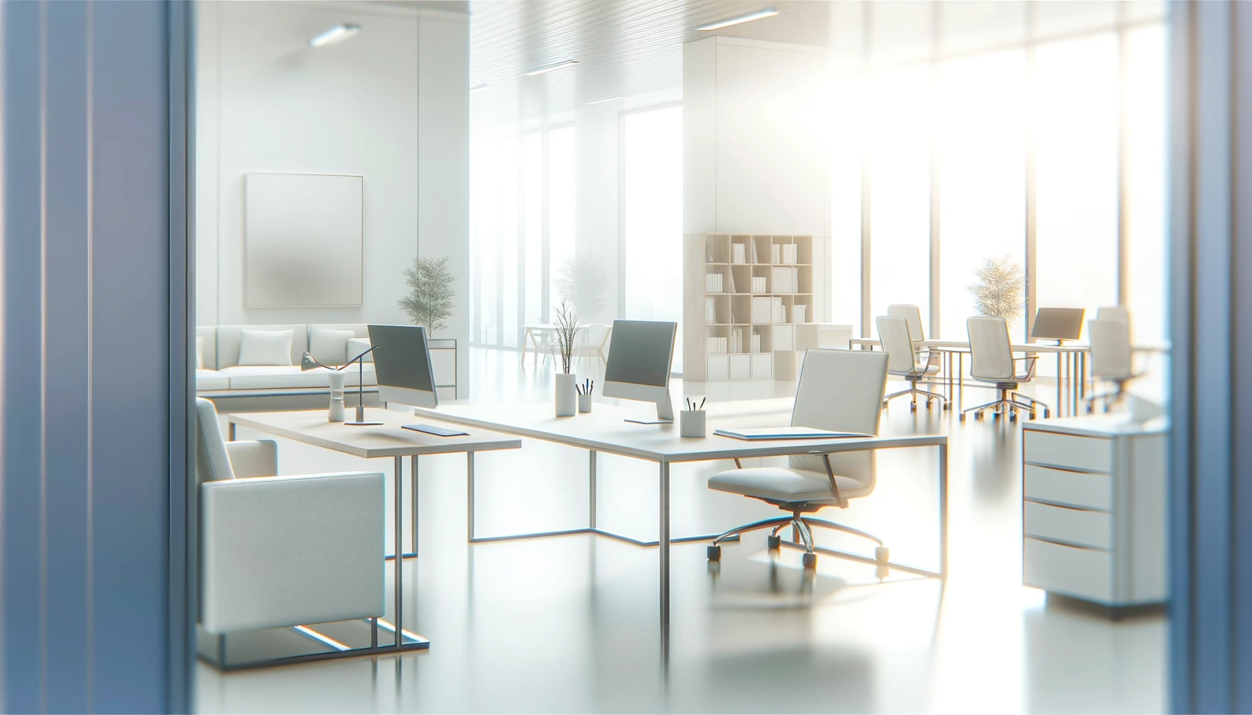 Bright and minimalist office space with sleek furniture and open design, featuring desks, chairs, and soft seating areas illuminated by natural light.