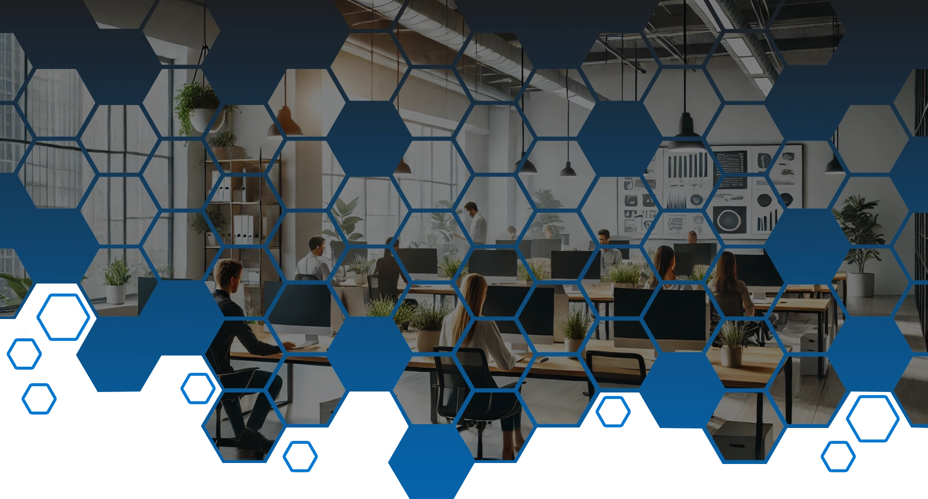 Spacious office environment featuring a team working collaboratively on data analysis, with a hexagonal overlay design in blue.