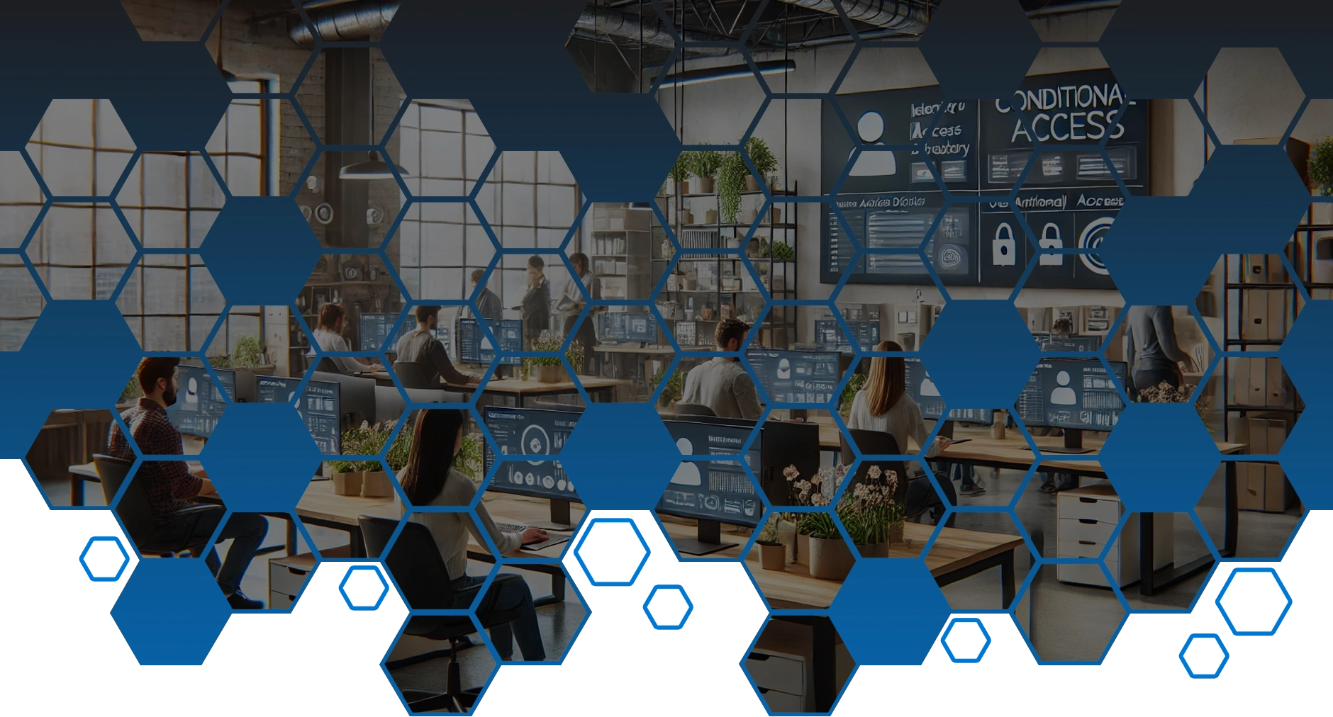 Image showcasing an open workspace with professionals using advanced tools, emphasizing Conditional Access policies for security.