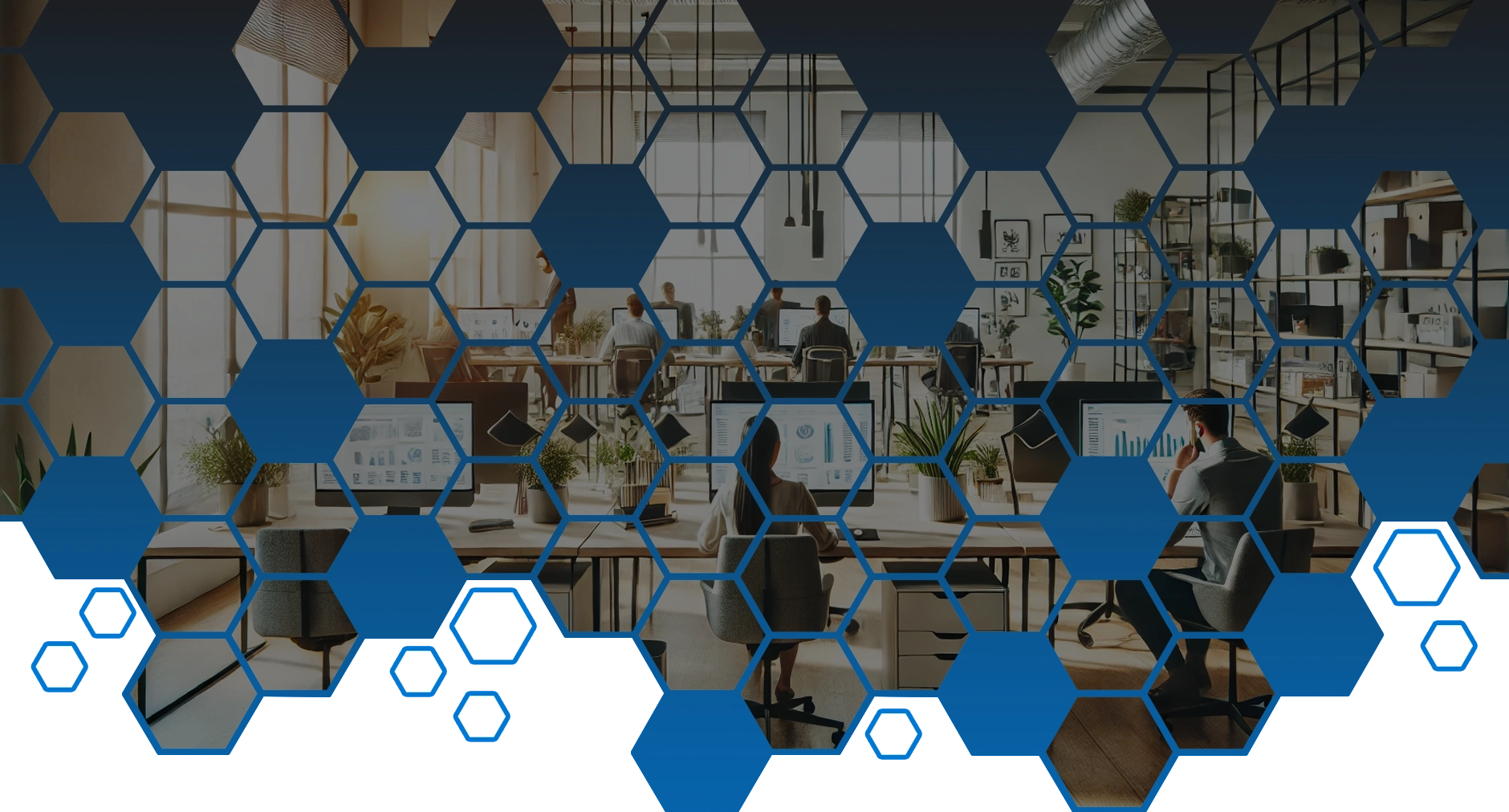 A professional office environment with a blue honeycomb pattern overlay, showcasing a team working collaboratively at desks with computer screens.