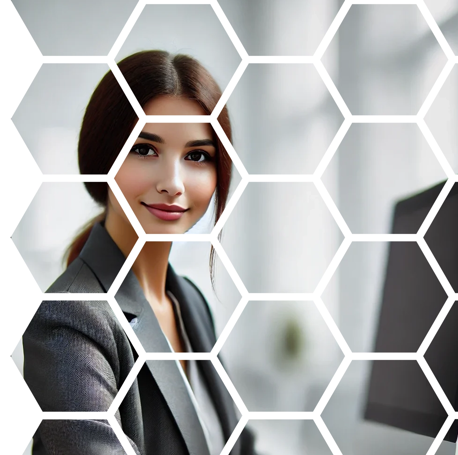 A professional woman smiling confidently, framed within a dynamic hexagonal pattern overlay.