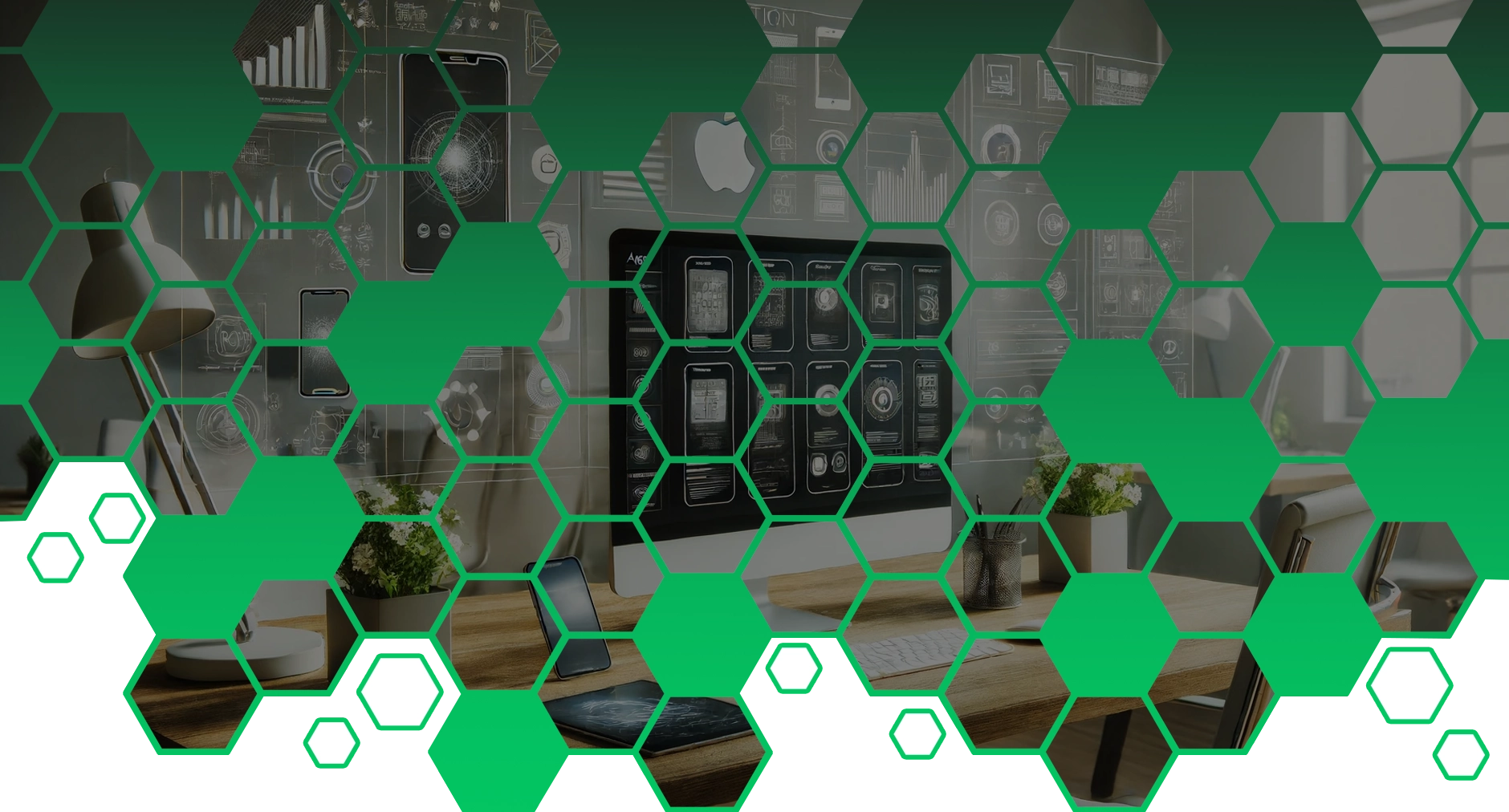 Modern workspace with a computer displaying mobile app mockups, overlaid with a gradient green hexagonal pattern.