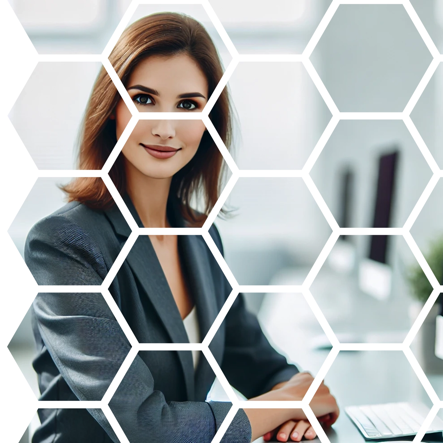 Confident businesswoman in a sleek grey blazer, set against a clean office background, framed by a white hexagonal overlay.