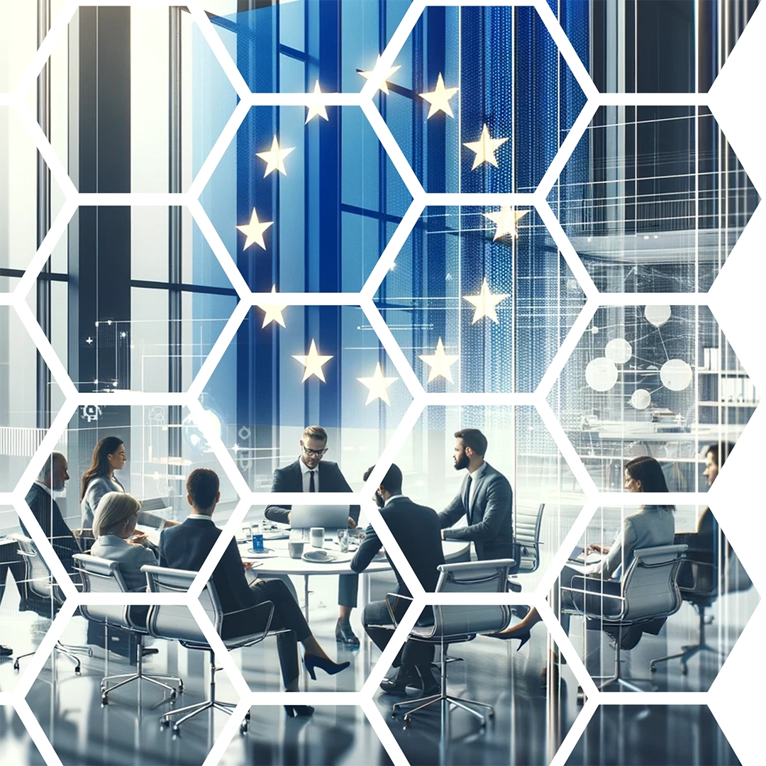 Business professionals in a modern European office, highlighted with a pattern of stars representing the EU.