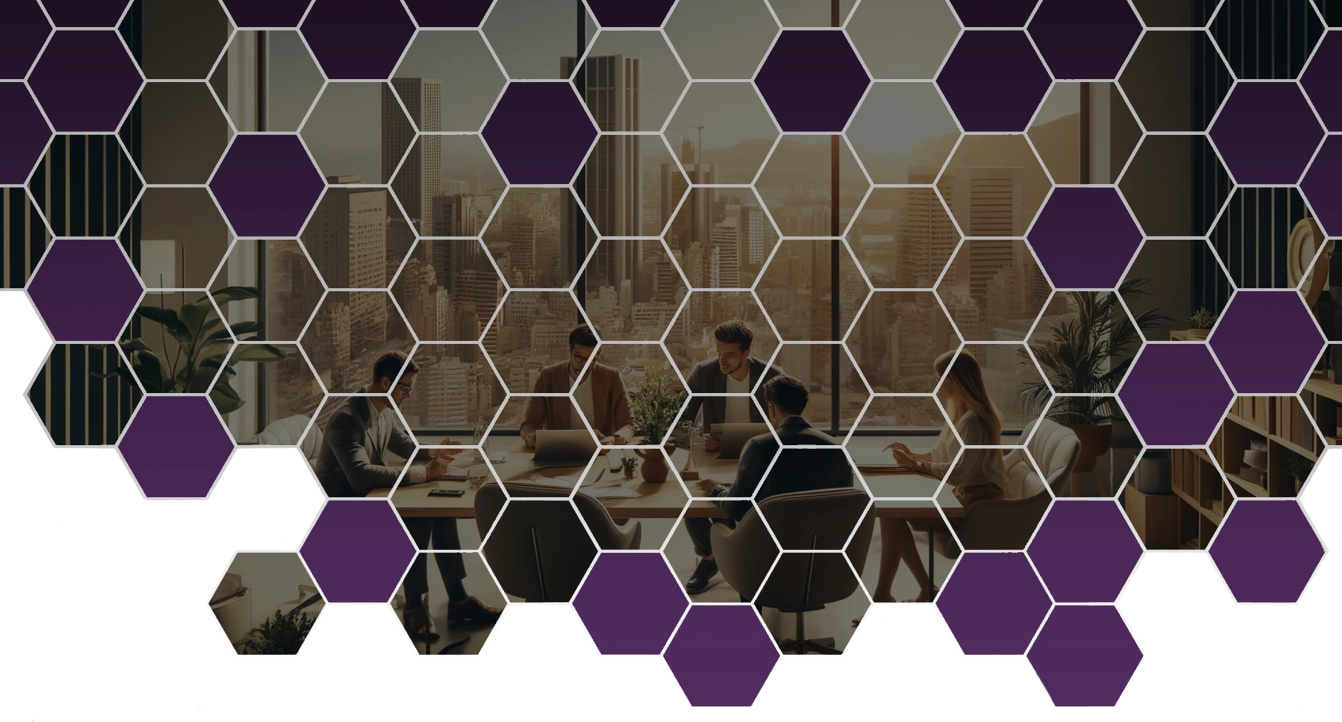 Business team collaborating in a modern office overlooking a city skyline, framed by a dynamic hexagonal pattern.