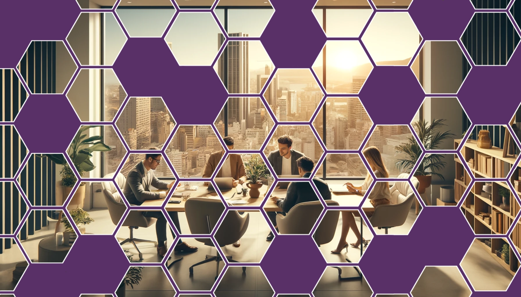 Professional meeting in a modern office with a panoramic city skyline view, framed by a hexagonal design overlay.