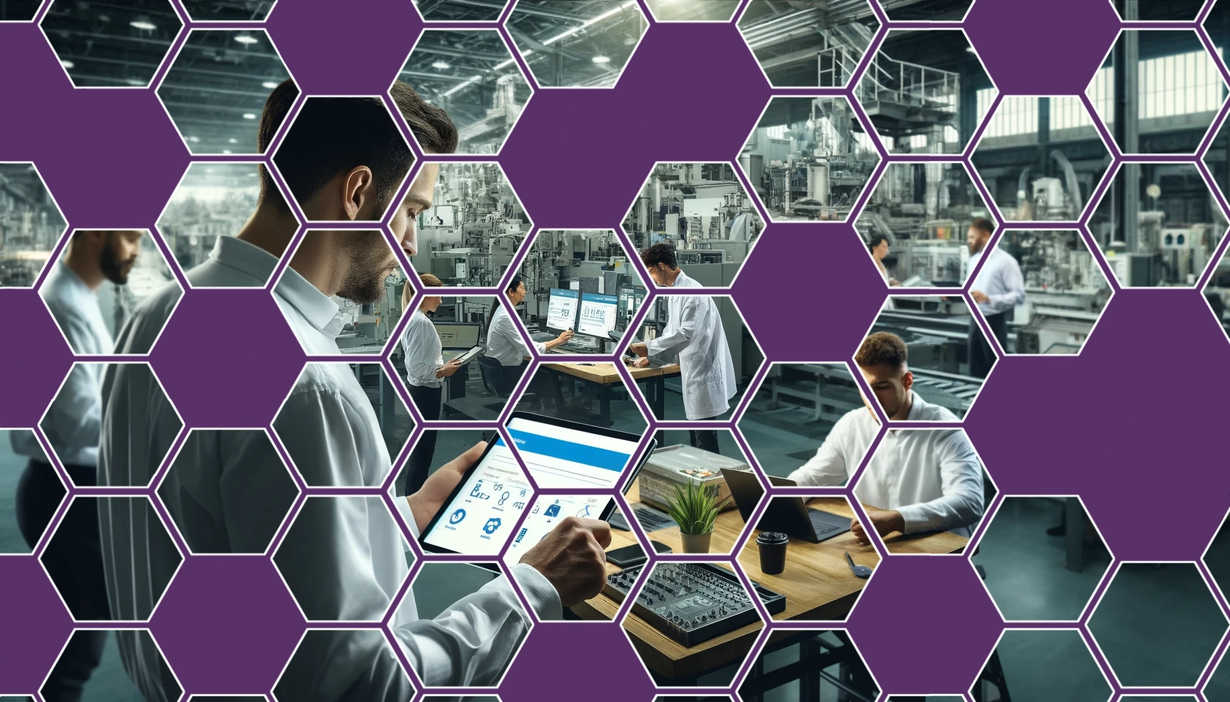 Engineers working in an advanced industrial facility with digital monitoring systems, overlaid with a hexagonal design pattern.