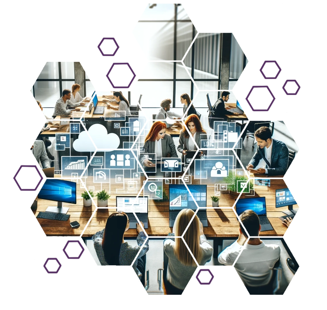 Office teams collaborating with cloud and digital connectivity icons overlaying modern workstations.