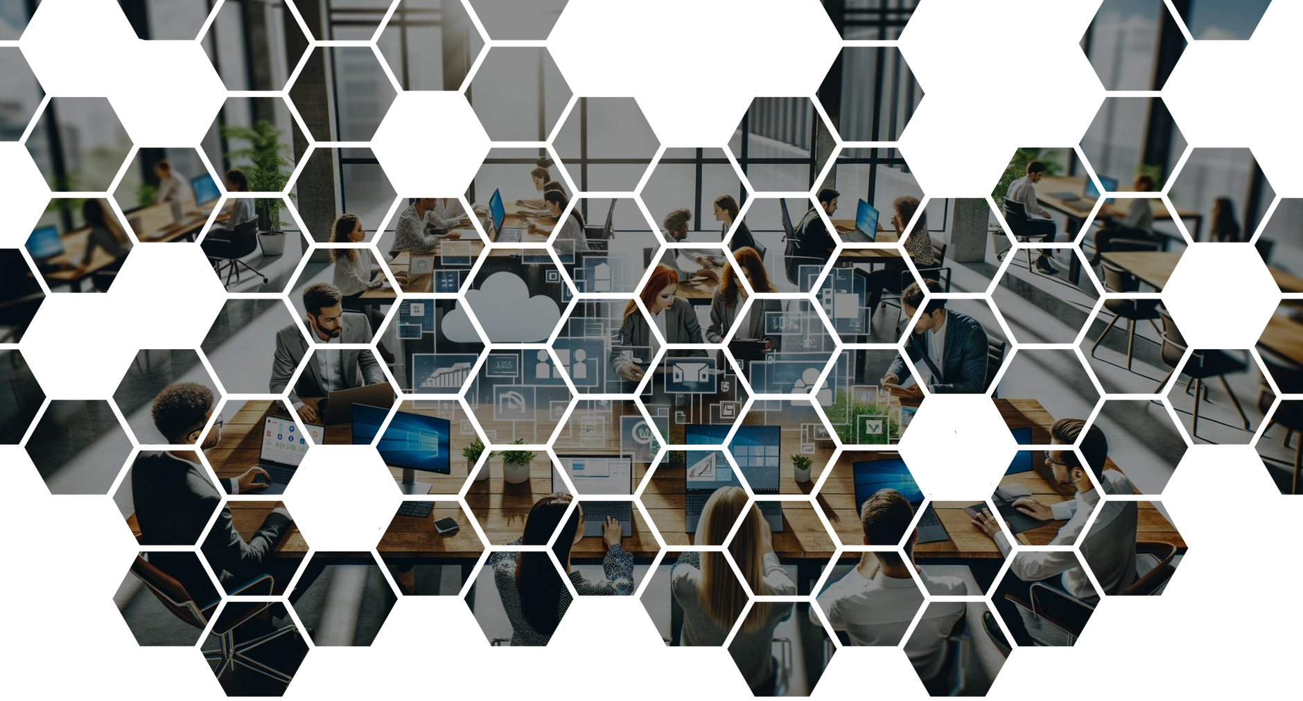 A dynamic office environment with teams working on computers, framed by a hexagonal overlay pattern.