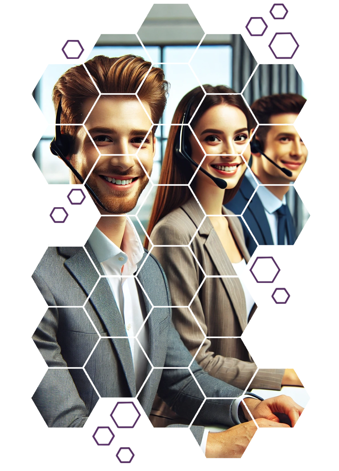 Smiling customer support representatives with headsets, overlayed with a modern hexagonal design symbolizing teamwork and connectivity.