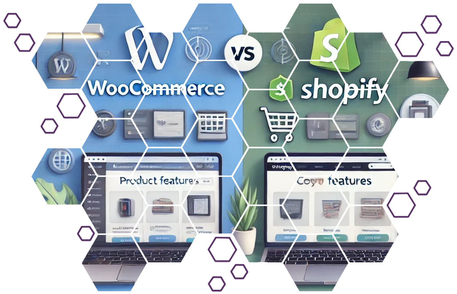 Comparison of WooCommerce and Shopify interfaces showing product features and core functionalities