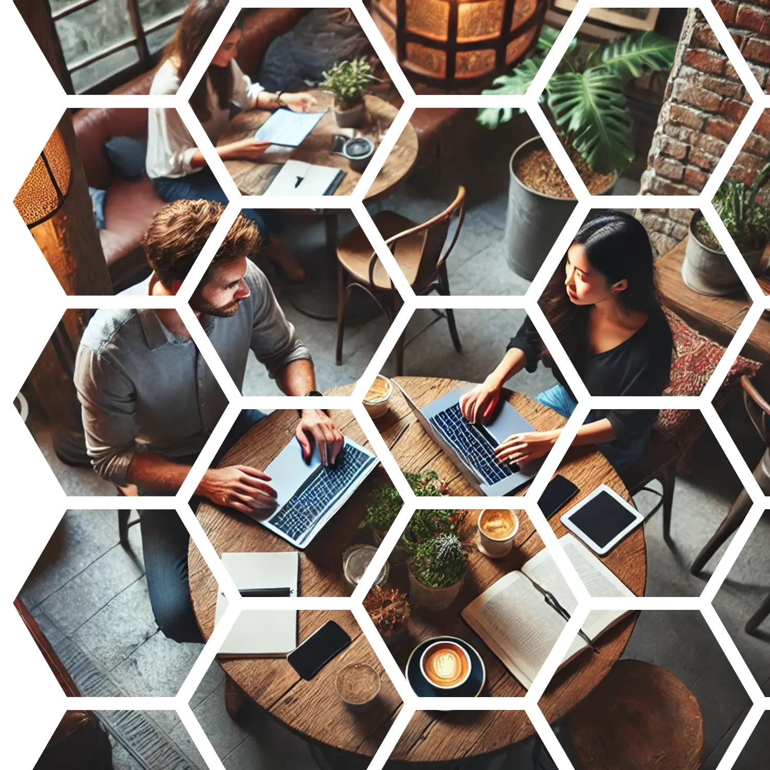 Team collaborating in a cozy café setting with laptops and notepads, showcasing Demon Dog's flexible and remote-friendly project management solutions.