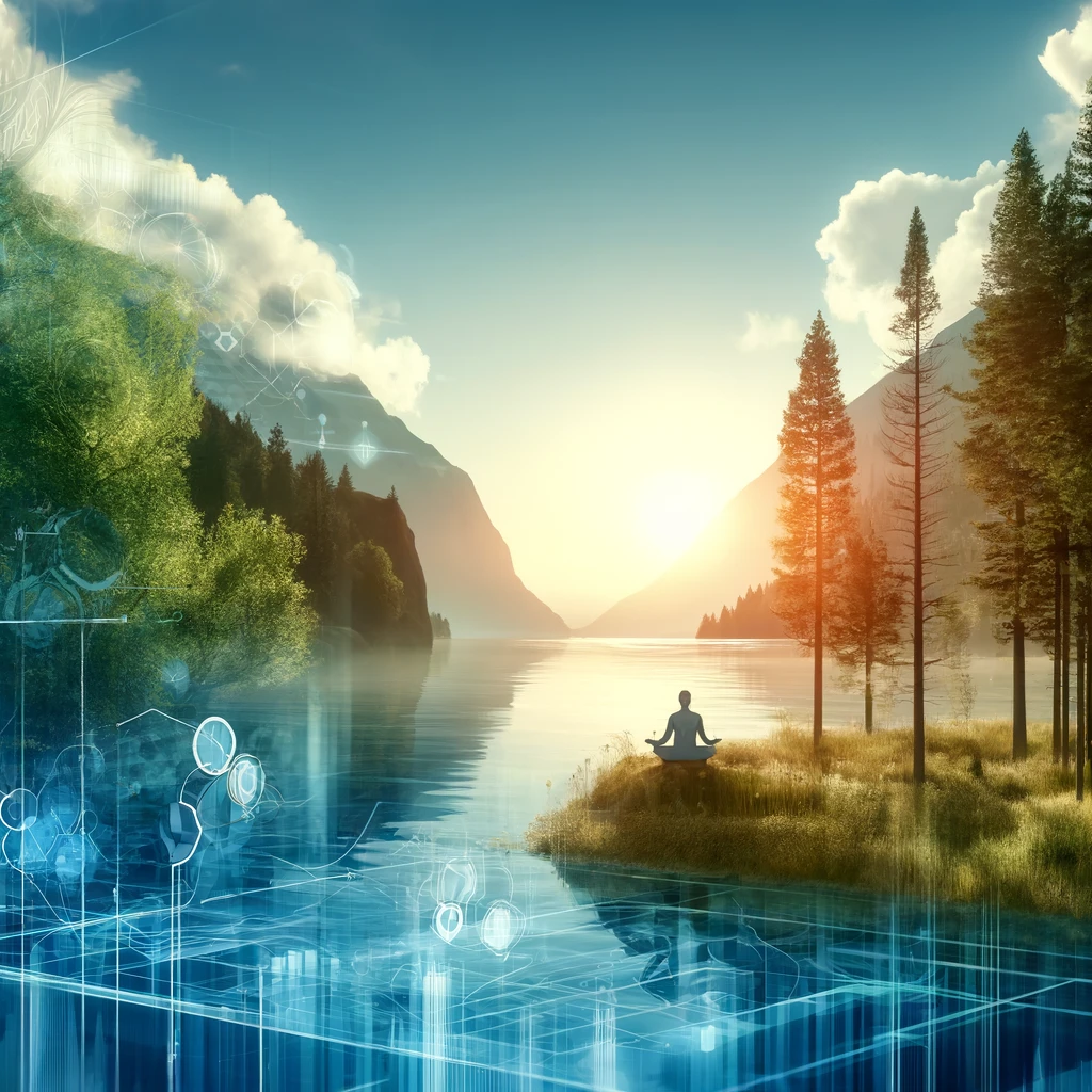 Peaceful individual meditating by a serene lake surrounded by pine trees and mountains, overlaid with subtle digital patterns symbolizing the integration of technology and nature.