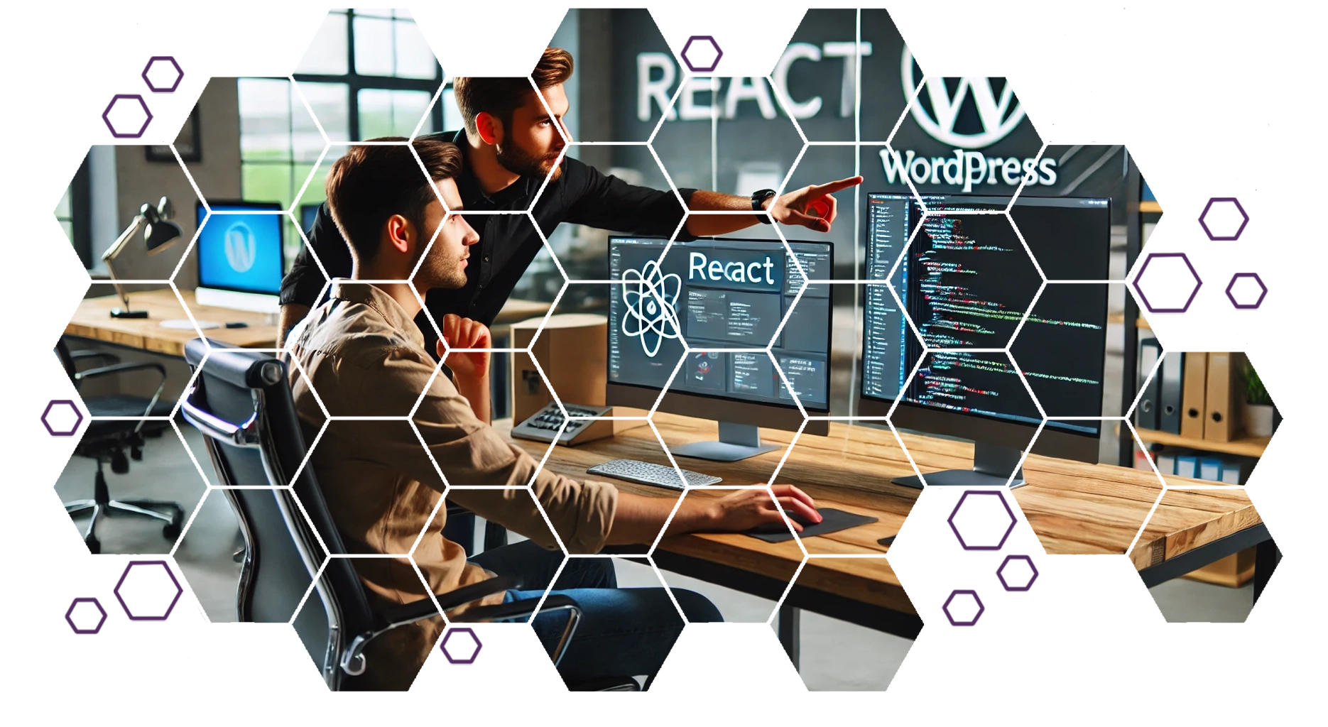 Developers collaborating on a project using React and WordPress for web development in a modern office