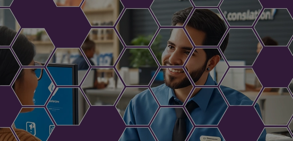 Smiling professional assisting a customer, framed by a purple hexagonal design, representing personalized service in a modern workspace.