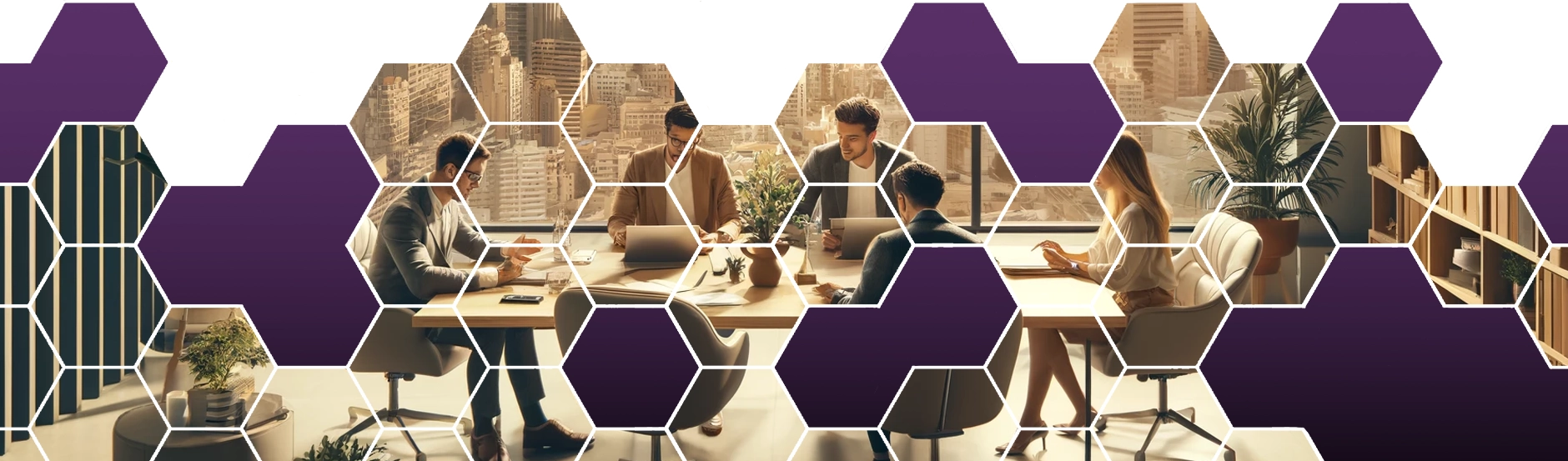 Team of professionals engaging in a strategy session in a contemporary office, framed by a gradient hexagonal design with a city skyline in the background.