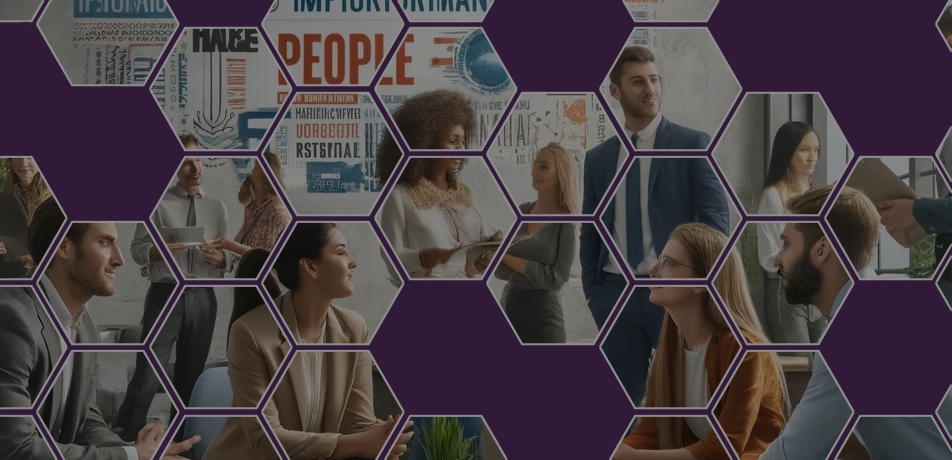 Group of diverse professionals collaborating in a modern office, framed by a purple hexagonal design with motivational posters in the background.