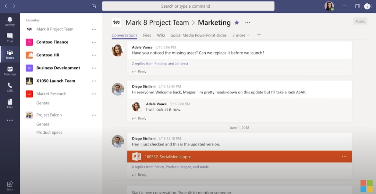 Microsoft Teams interface showcasing a project team chat with file sharing and collaboration tools