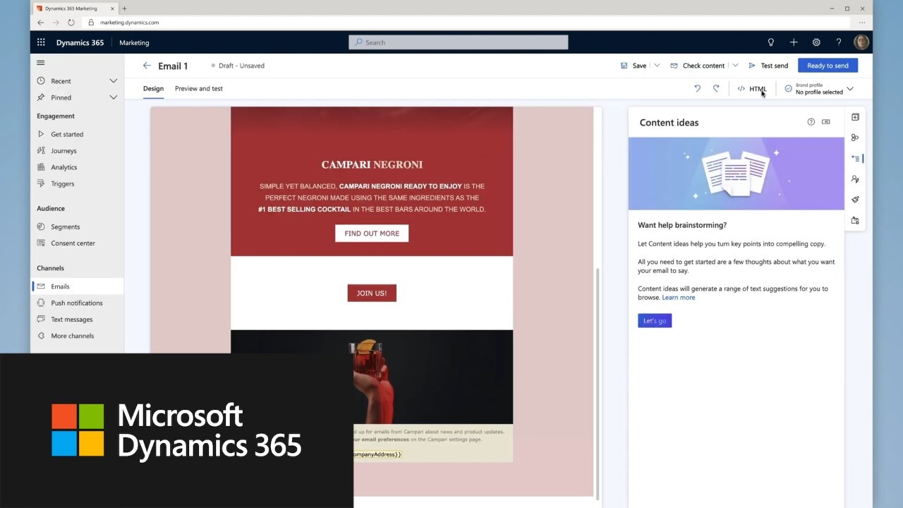 Microsoft Dynamics 365 Marketing interface showcasing an email campaign editor and content suggestion tools