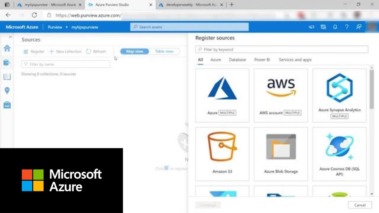 Microsoft Azure Purview interface displaying data source registration options, including AWS and Azure