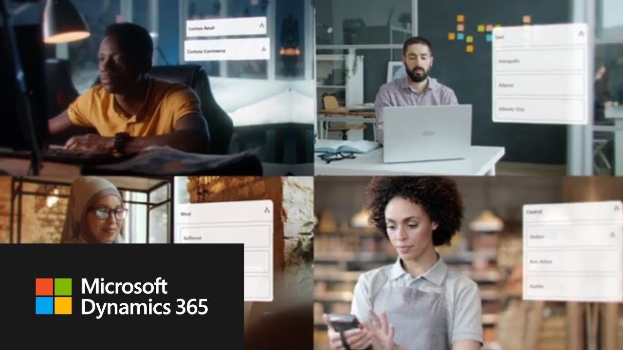 Collage of professionals using Microsoft Dynamics 365 for various business tasks