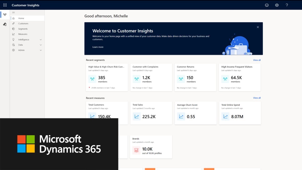 Dashboard of Microsoft Dynamics 365 Customer Insights showcasing customer data and analytics