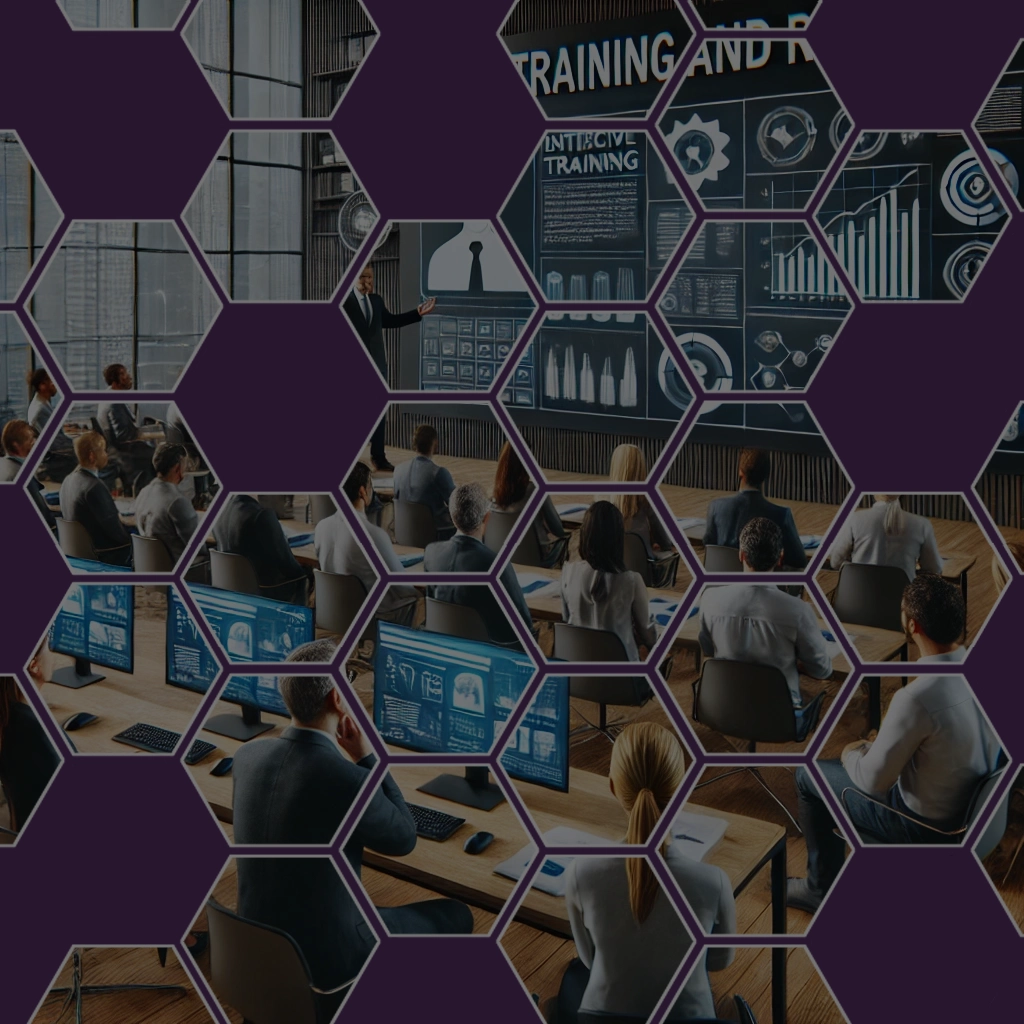 A corporate training session with a presenter and attendees viewing interactive charts and data on screens, overlaid with a honeycomb pattern, representing Demon Dog's commitment to business growth through education and innovation.