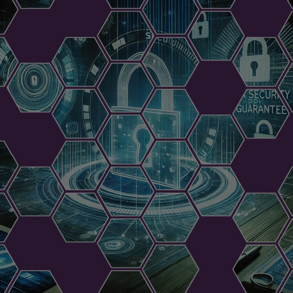 A digital lock symbol representing cybersecurity and data protection, overlaid with a honeycomb-shaped design.